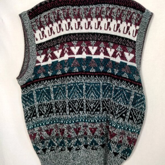 Vintage 1990s Impact Sweater Vest Men Large Gray Purple Geometric Leather Trim - Picture 2 of 16